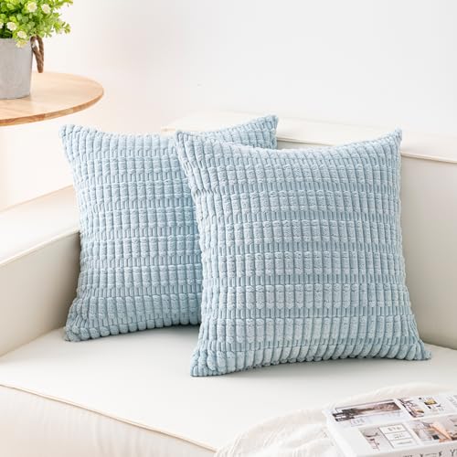 Image of Pack of 2 Corduroy Decorative Throw Pillow Covers 22x22 Inch, Sky Blue | Fall Soft Striped Pillow Covers Modern Farmhouse Home Decor Christmas Throw Pillow Covers for Sofa Living Room Couch Bed