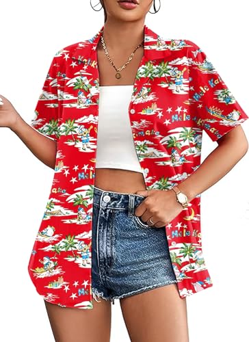 Christmas in July Shirt Women Christmas Hawaiian Shirts Kalikimaka Tee Hawaiian Button Up Shirt Beach Vacation Tops(Red,Large)