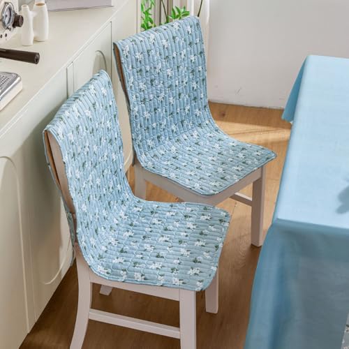 Image of HOMETHREADS Universal-Fit Cotton Fabric Chair Cover Comfortable Cushioned Seating Pad with Anti-Slip Back, Perfect for Kitchen,Dining Room (Beige Blue, Pack of 2)