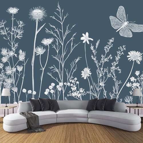 CDXNORA Photo Wallpaper Dark Blue 150×105cm Hand Drawn Plants Waterproof Silk Wall Mural Wildflower Dragonfly Print Decoration for Bedroom Living Room Kitchen TV (Not Self-Adhesive)