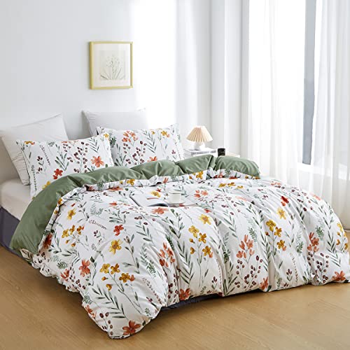 Nayoroom White Floral Duvet Cover Queen Size Green Botanical Leaf Yellow Flowers Printed Reversible Striped Bedding Set 3 Pieces Soft Microfiber Garden Style Comforter Cover With Zipper Ties thumb #1