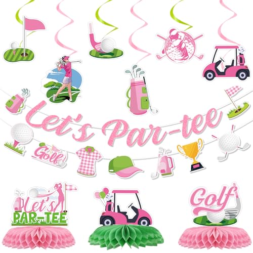 Image of Pink Golf Party Decorations - 11PCS Golf Birthday Decorations Lets Partee Banners Hanging Swirls Honeycomb Centerpieces Sport Themed Party Birthday Decor Supplies for Women Girls
