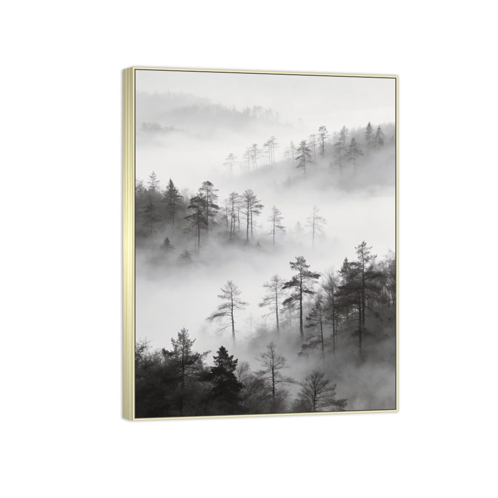 Foggy Tree Black White Landscape Canvas Picture 90x117cm Silver Frame