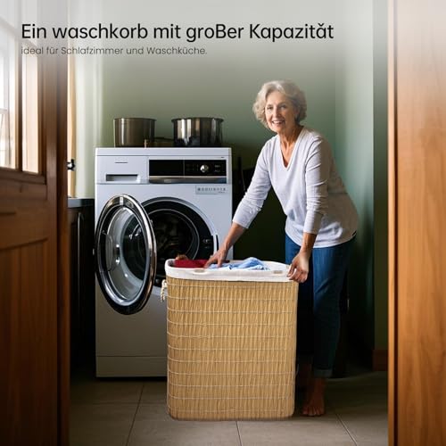Wäschekorb mit Deckel, Wäschesammler aus Rattan mit Griff, abnehmbare und waschbare Innenhülle, verstärkte Bambusstreifen an der Innenwand (Natural, 72L (40 x 30 x 60 cm))