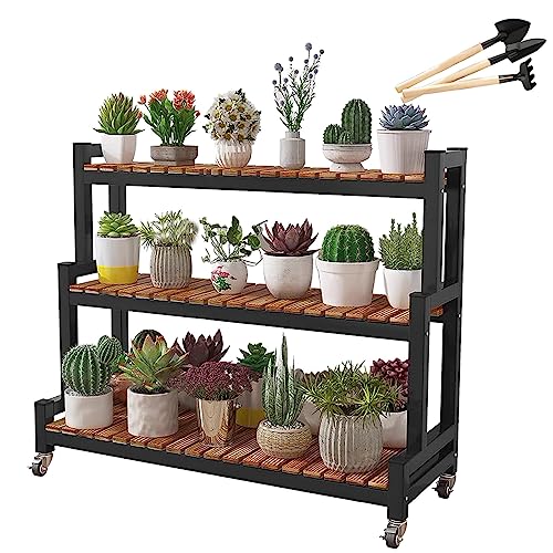Estante de metal para flores con ruedas para interiores y exteriores, estante de exhibición de plantas de 2 niveles y 3 niveles para ahorrar espacio