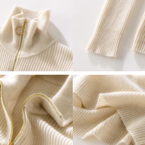 Women’s Cashmere Blend Merino Wool V-Neck Half Zip Pullover Long Sleeve Stand Collar Tops Ribbed Knitted Sweaters4