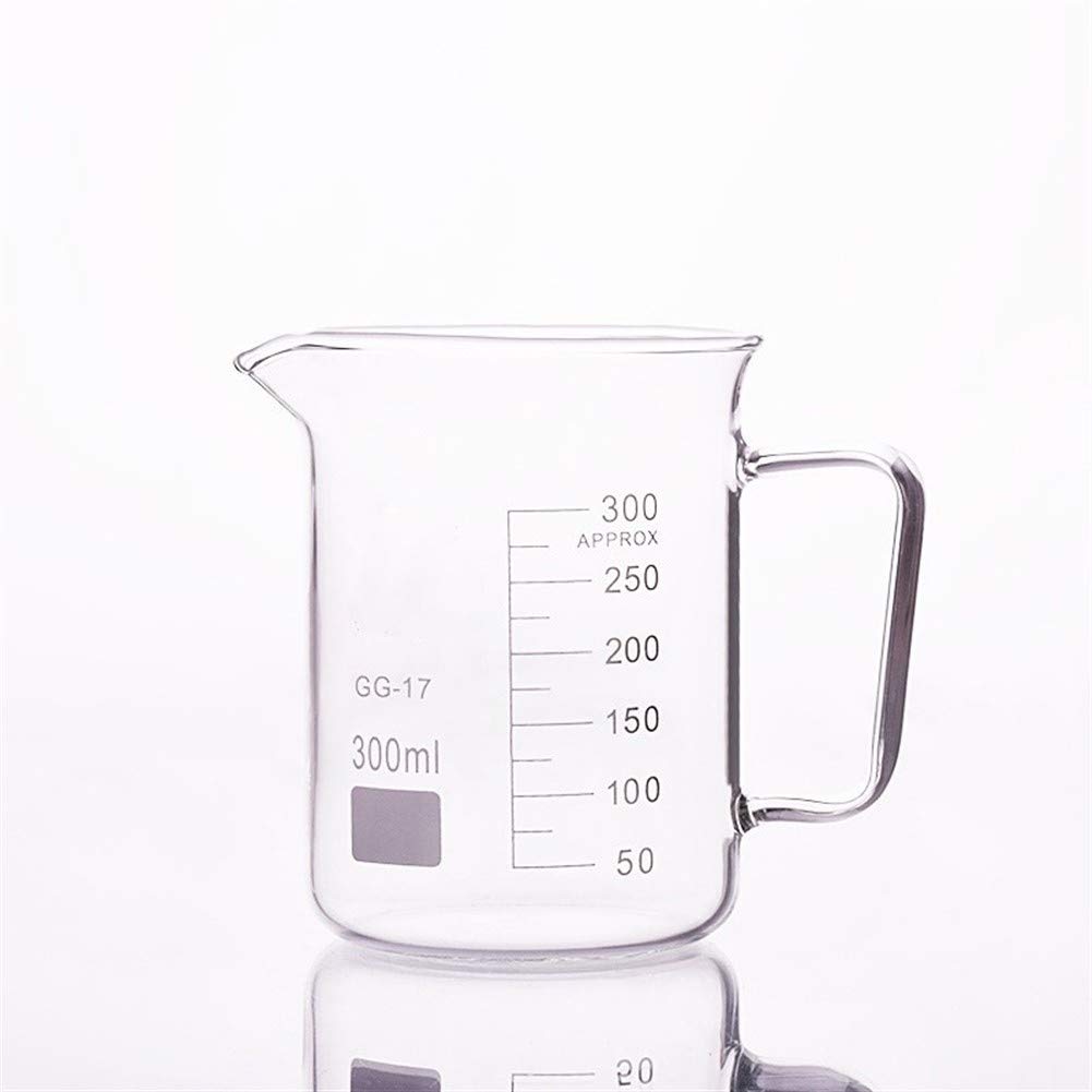 HMTE Vaso de precipitados de Vidrio en Formato bajo, Capacidad 300 ml, Diámetro Exterior = 76 mm, Altura = 105 mm, Vaso de precipitados de Laboratorio con asa (Capacidad: 300 ml) (300 ml)