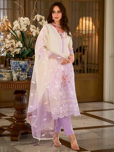 Image of INDO ERA Womens Organza Embroidered Straight Kurta Pant Dupatta Set (IEOUT10602)