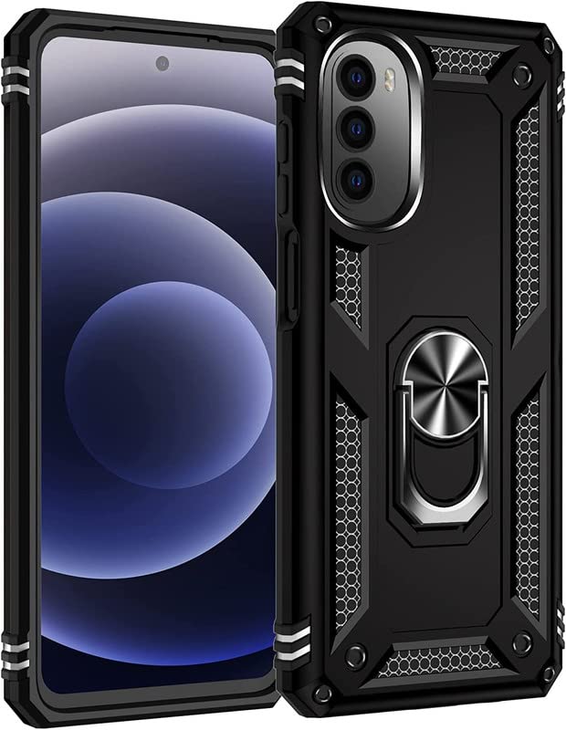 FirstChoice Case with Stand, Heavy-Duty Military Grade Shockproof Phone Cover with Adjustable Ring Kickstand for Moto G52 6.6" - Black