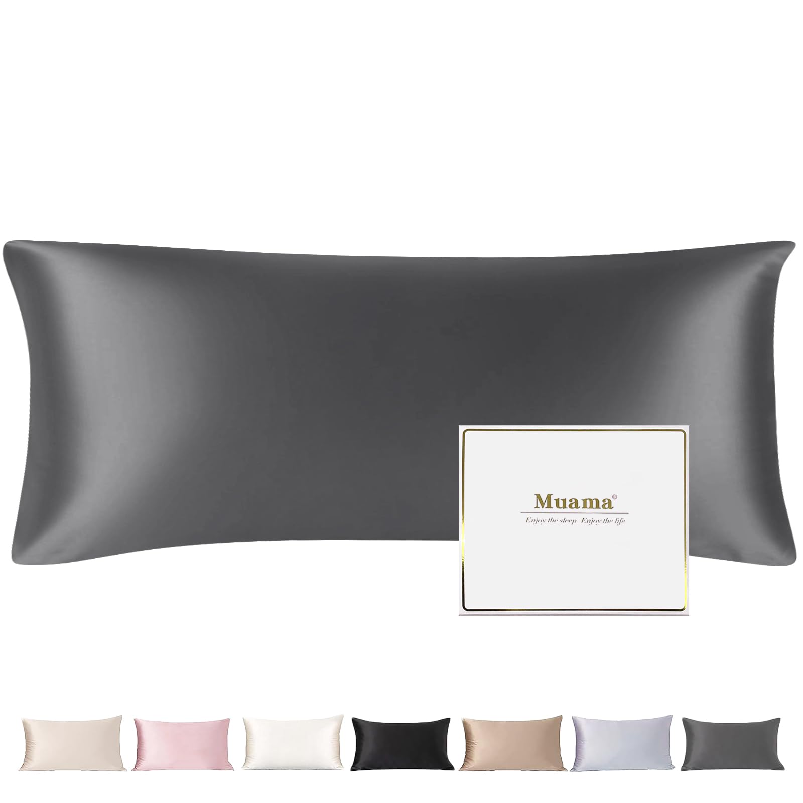 Muama Funda de almohada de seda de 40 x 145 cm, fundas de almohada de seda de morera, funda de almohada para cabello y piel con cremallera oculta, 1 pieza, antracita
