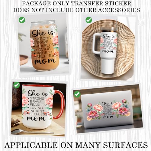 UV DTF Glass Cup Wrap Transfer Decal- 3PCS She is Strong Brave Craft Transfers mama Floral Wrap, Waterproof Decal for 16oz Glass Cups - Ceramic Mug DIY Crafts