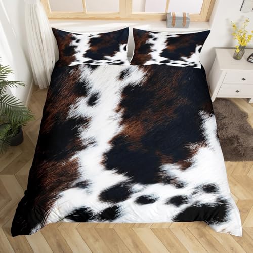 Western Cowhide Bedding Set Full Cow Print Duvet Cover Farmhouse Bull Highland Cattle Comforter Cover For Boys Teen Men,Black White Brown Animal Skin Quilt Cover Zip Up 2 Pillowcases Rustic Room Decor