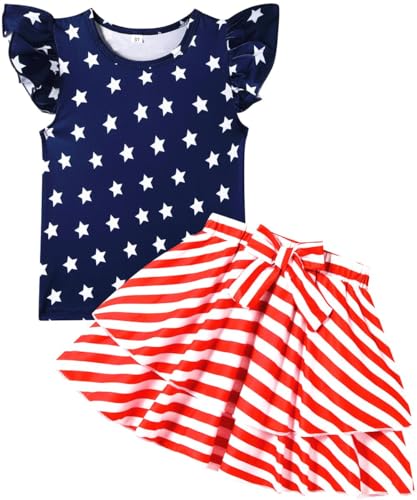 Image of Girls Skirt Set 2 Piece Outfit Toddler Summer Clothes Ruffle Sleeve T-Shirt Bow Knot Tutu Skirt Outfit Set