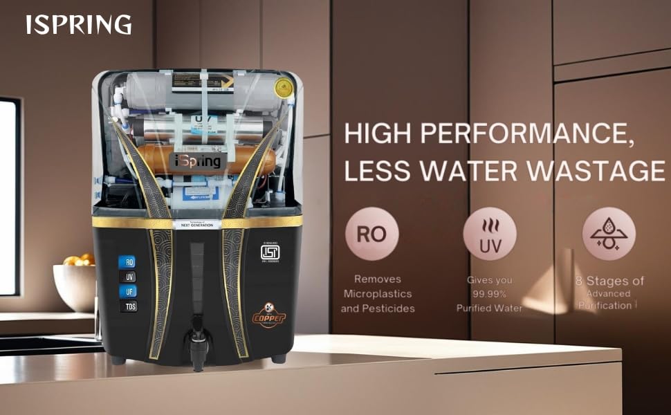 Image of iSpring Mineral RO+UV+UF 12 Liter RO + UV + TDS ADJUSTER Water Purifier With Copper Charge Technology Black & Copper Best For Home and Office (Made In India)