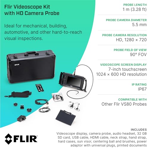 Image of FLIR VS80 HD Probe Videoscope Kit with 5.5mm x 1m Long Probe | HD camera probe, VS80 display, metal case, neck /hand straps, audio headset, image /video capture