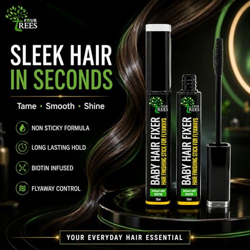 Image of Four Trees Hair Finishing Stick for Frizzy Hair & Flyaways | Baby Hair Fixer | Non-Sticky, Non-Greasy Hold | Infused with Biotin for Hair Strengthening | 15ml | For All Hair Types