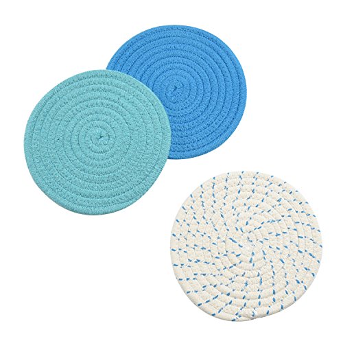 Kitchen Pot Holders Set Trivets Set 100% Pure Cotton Thread Weave Hot Pot Holders Set (Set Of 3) Stylish Coasters, Hot Pads, Hot Mats, Spoon Rest For Cooking And Baking By Diameter 7 Inches (Blue) #TOP2