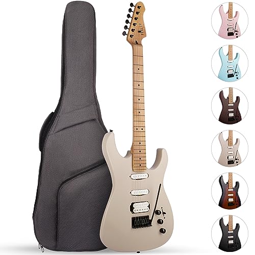 Fesley 39" Electric Guitar, Full Size Solid Body, HSS 6 Strings, F-ST Style, Right Handed, AAA Hard Maple Neck & Fretboard Minimalist Design for Beginner with Padded Gig Bag, Morandi Gray