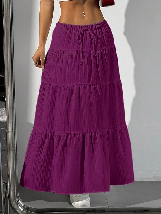 Image of Jawdrobe Women's Georgette Ruffle Hem Long Flared Skirt Lightweight Soft Fabric| High-Waisted Ruffled Maxi Plain and Pleated Skirt
