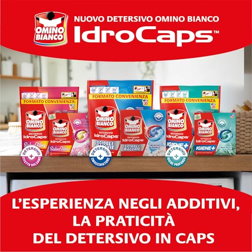 Omino Bianco Idrocaps - Detersivo Lavatrice in Capsule Sciogli Macchie, 60 Lavaggi, Efficace a Basse Temperature, Profumo Muschio Bianco, 30 Caps x 2 Confezioni - Immagine 5