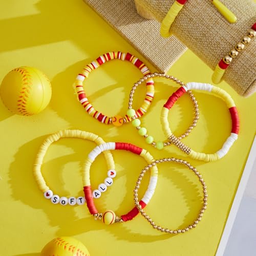 8 Pack Sports Bracelets for Women Mom Soccer Baseball Football Volleyball Basketball Stackable Heishi Clay Beaded Bracelet Accessories Fan Outfits Jewelry Gifts for Sports Party Favor(Softball)