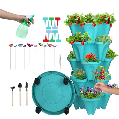 DUNCHATY Stackable Planter, Teal, 6 Tier Garden Tower, Self Watering, Indoor/Outdoor, with Garen...