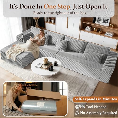 Image of 138 inch Oversized Cloud Sectional Couch, Comfort L Shaped Boneless Couch for Living Room, Extra Deep Seats No Assembly, Minimalist Modular Sofa, Corduroy (Light Grey, 3 seater+Right Facing Chaise)