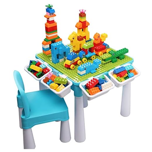 burgkidz 5-in-1-Kinder-Aktivitäts-Tischset - 128 Teile Kompatibel mit Bausteinen Spielzeug, Spieltisch Enthält 1 Stuhl und Bausteintisch mit Aufbewahrung, grüne Grundplatte / Blaue Farbe