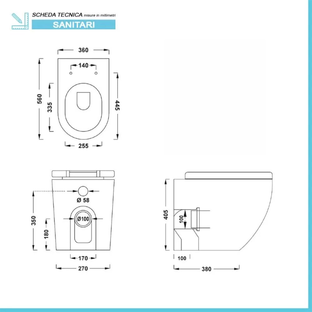 Coppia Sanitari Filo Muro Rimless Bianco Design Moderno Copriwater Chiusura Soft-Close