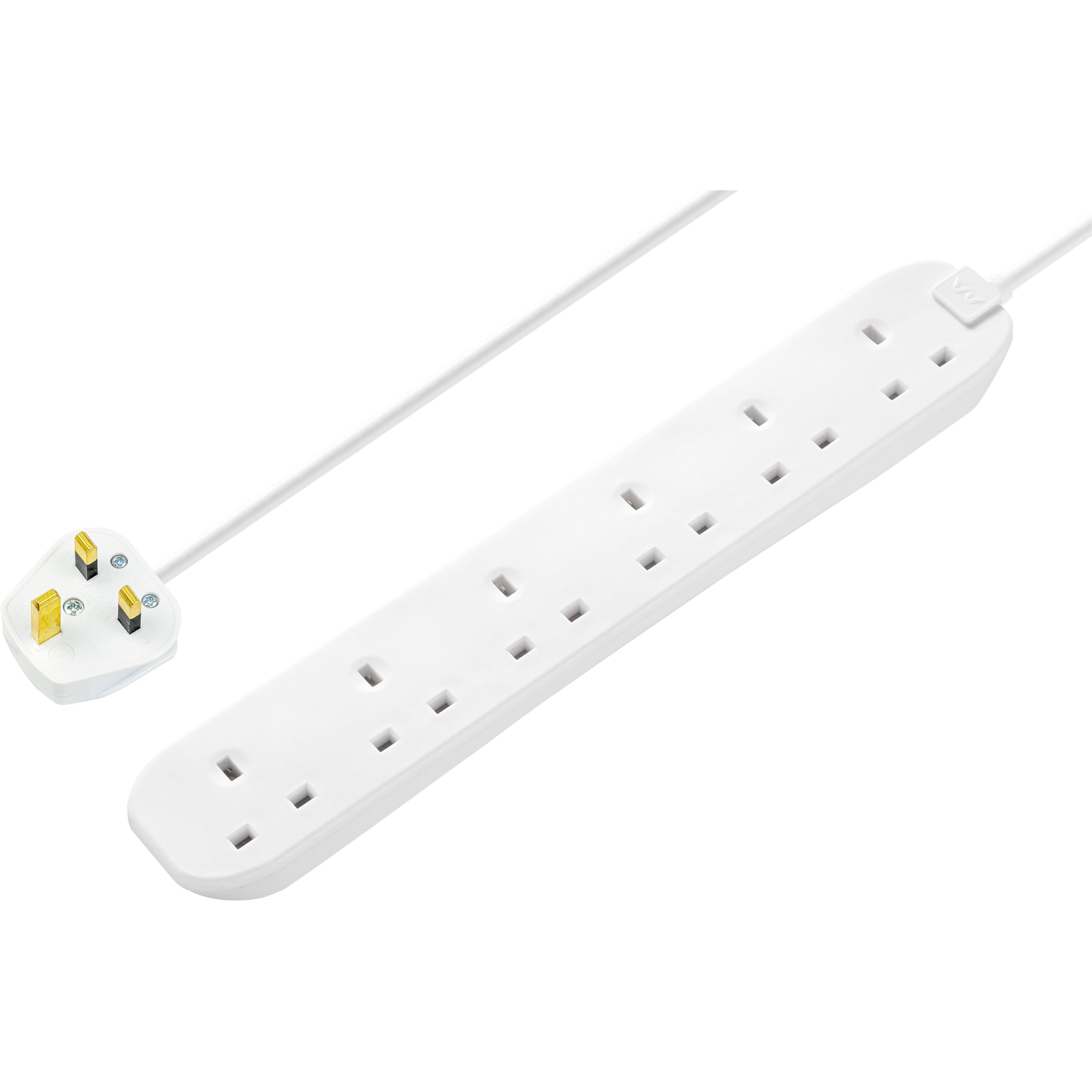 Six Socket Extension Lead, 3 Metre Cable, Unswitched, 6-Way Plug Extension Cable, Power Strip, Basic Power, White, 13A, 6G, 3m, BSG3N