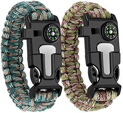 WUQID Paracord Survival Bracelet Loud Whistle Emergency Compass Survival Fire Starter Scraper Accessories for Hiking, Camping, Fishing and Hunting (2 Pack)