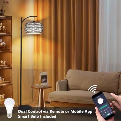 Image of Arc Floor Lamp for Bedroom, Boho Standing Lamp with Remote & LED Smart Bulb, Rattan Floor Lamps for Living Room with 3 Color Temperatures, Height Adjustable Corner Tall Lamp, Stand up Light for Office