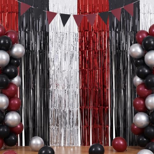 Image of TONIFUL 2Pcs Burgundy Black Silver Metallic Tinsel Foil Fringe Curtains | 3.3ftx6.6ft Photo Booth Backdrop Door Streamers for Wedding Anniversary Fall Harvest Masquerade Bachelorette Party Decoration