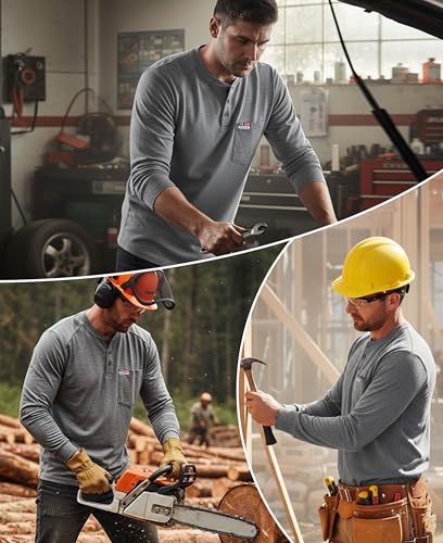 Image of BOCOMAL FR Shirts for Men Long Sleeve EX Soft Flame Resistant Henley CAT2 | NFPA2112 6oz Midweight Cotton Knit Heather Series,Moisture-Wicking /Breathable,Chest Pocket,Rib-Knit Cuffs,Summer Work T Shirt
