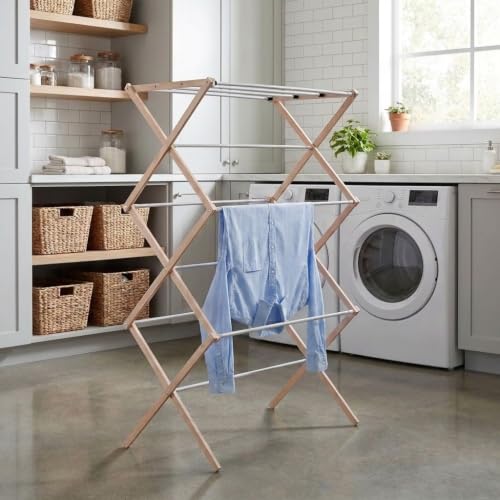 Image of Household Essentials 5001 Collapsible Folding Wooden Clothes Drying Rack For Laundry | Pre Assembled