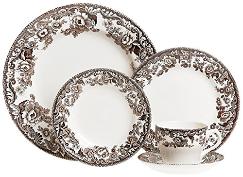Spode Delamere 5 Piece Place Setting | Set Includes 1 Dinner Plate, Salad Plate, Bread And Butter Plate, And Teacup And Saucer | Made In England From Fine Earthenware | Microwave And Dishwasher Safe #TOP2