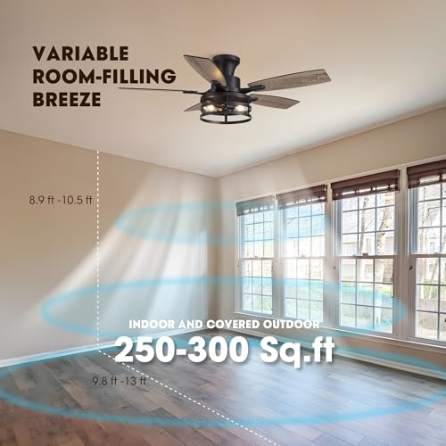 Image of 42 Inch Flush Mount Ceiling Fans with Lights and Remote Control, Farmhouse Ceiling Fan with LED Lighting for Bedroom Living Room and Patio, Black Caged Ceiling Fan for Indoor and Outdoor(NO Bulbs)