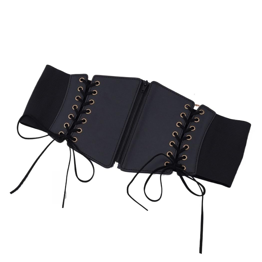 Thryvox Womens Zipper Lace-up Corset Belt Stretchy Tied Black Waspie Belts Genius Wide Halloween Dress Cincher Waist Belt