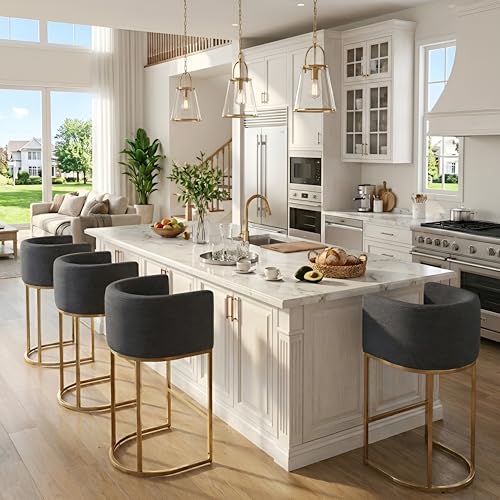Image of HNY Modern Barrel Counter Height Bar Stools Set of 3, 29 Inch Charcoal Linen Kitchen Barstools with Back for Island, with Gold Metal Tubular Frame