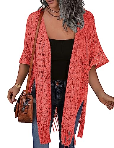 Image of HOTOUCH Womens Knit Cardigan Open Front Outwear Hollow Out Crochet Tassel Lightweight Kimonos Sweater S-XXL