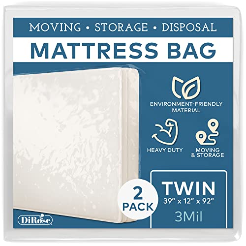 Mattress Storage Bag - 2pk Twin Size Thick Plastic Moving Cover, Transport, Disposal and Protector - 3 mil Heavy Duty Reusable Clear Waterproof Mattress Protector Encasement by DiRose