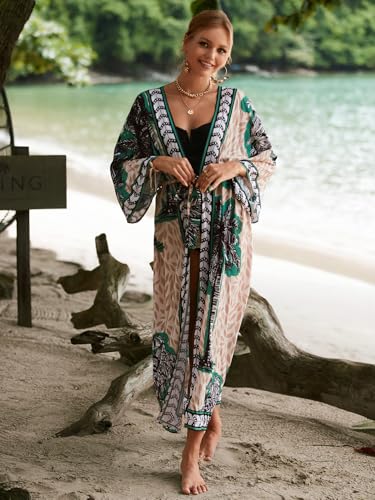 Image of Women's Kimono Cover Up Long Beach Dress Swimsuit Cover Ups Colorful Cardigan Lightweight Robe for Swimwear