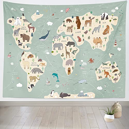 Image of Loccor Animal World Marp Tapestry 60''x40'' Cartoon Animal Forests World Map for Children and Kids Tapestry Wall Hanging World Aniaml Distribution Map Tapestry Home Living Room Dorm Decor