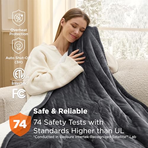 Image of Bedsure Heated Blanket Throw Blanket - Fast Heating Electric Blanket, Soft Flannel Heated Throw with 4 Time Settings, 6 Heating Settings, Warm Gifts for Grandma Grandpa (50x60 inches, Dark Grey)