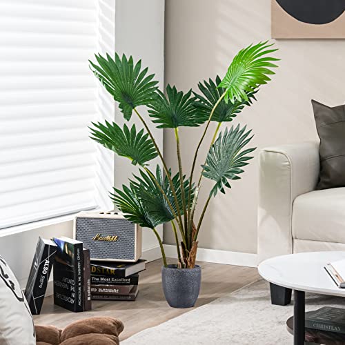 Goplus 4Ft Artificial Fan Palm Tree, Fake Tropical Palm Tree With 8 Large Leaves, Realistic Moss, Cement Pot, Indoor & Outdoor Green Potted Plant For Office, Home, Store, Garden #TOP7