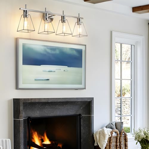 Image of Industrial Bathroom Vanity Lights: 4-Light Silver Brushed Nickel Vintage Metal Cage Wall Sconce - Rustic Farmhouse Light Fixture Over Mirrors Cabinet for Bath Hallway