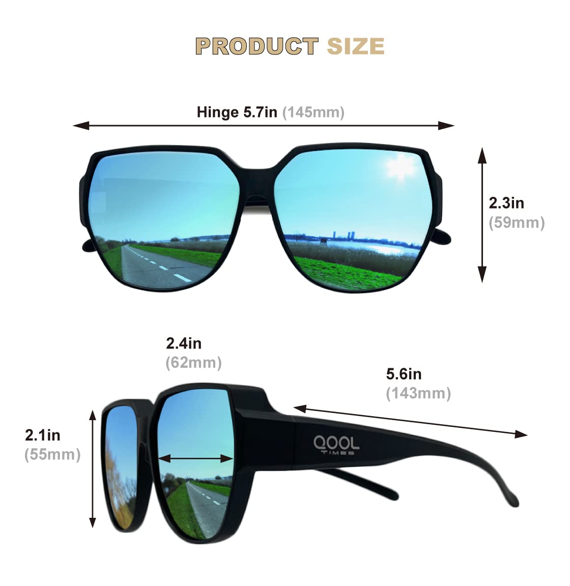 QOOL TIMES Living out your 33 HD Polarized Fit Over XL Occhiali da sole grandi leggeri per donne e uomini, protezione UV, tondi per la guida, T21033 Nero/Blu, XL