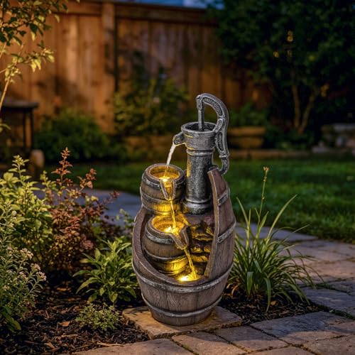 Image of Vintage Pump Barrel Outdoor Water Fountain, Resin & LED, 21.7 in