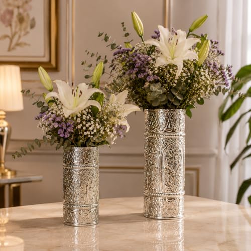 Image of Glass Shape Aluminum Flower Vase for Home Decor, Traditional Embossed Metal Flower Pot for Office Table Decorations, Modern vases, Gift for Festival, German Silver (Set of 2)