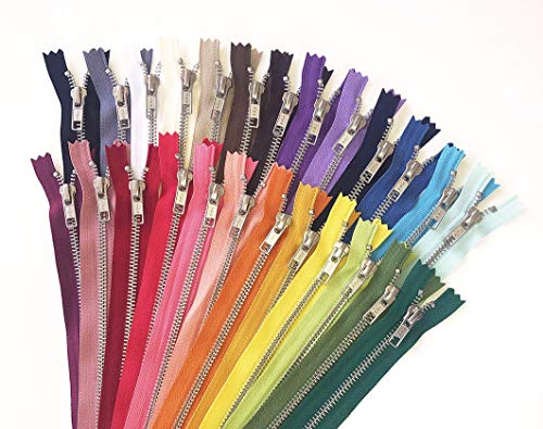 YKK Metal Zippers - 25 Assorted Color Pack - Silver Zippers No. 5 Zips - Aluminum Zips - 8 inch Zippers by Craftbot
